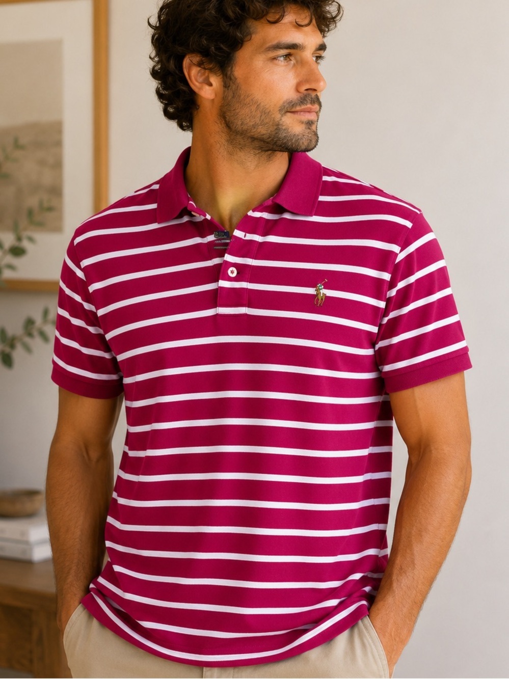 Ralph Lauren Men’s Striped Polo Shirt in Magenta/White size XL